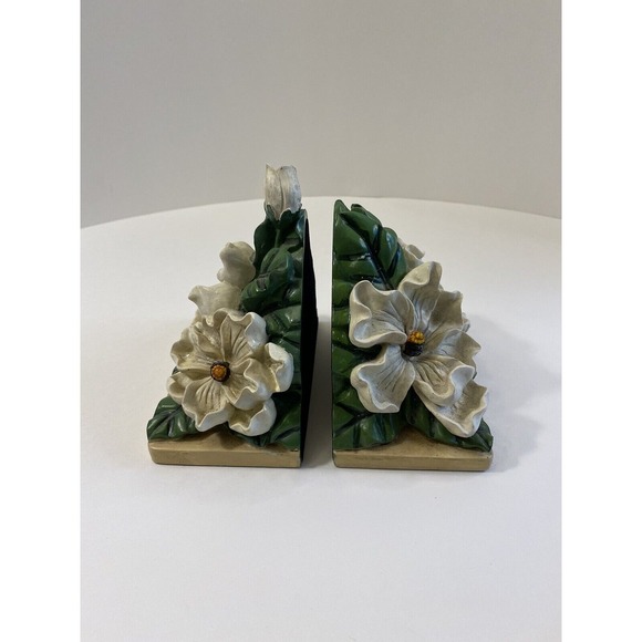 Magnolia Blossom Bookends Heavy Resin Bookends ‎ White Flowers Home Decor - Picture 3 of 10